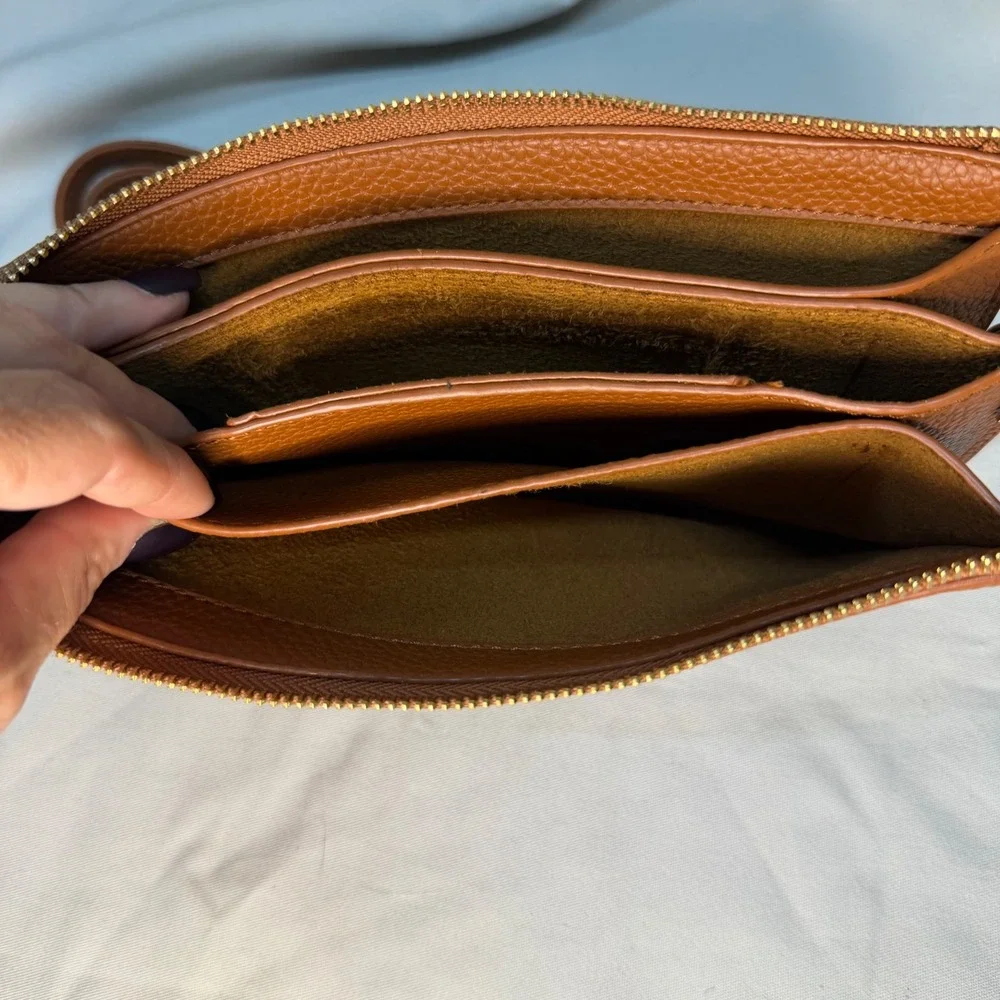 Cognac Brown Pebbled Vegan Leather Crossbody Bag Gold Hardware Multi Compartment